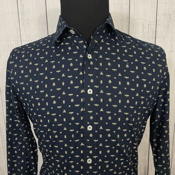 Brooks Brothers Red Fleece Men's Medium Navy Blue Inscet AOP Button-Front Shirt - Picture 1 of 7